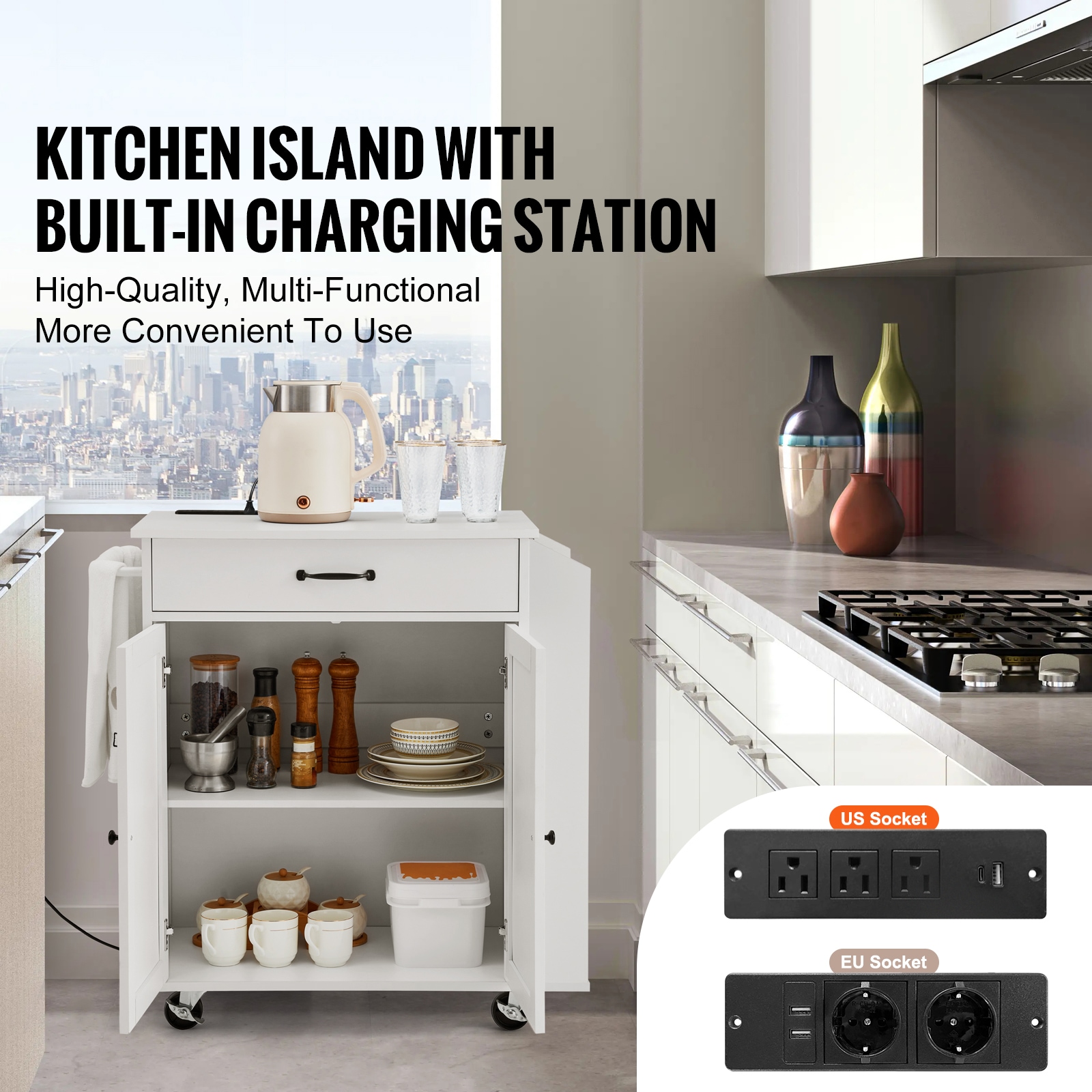 Kitchen Island Cart Rolling Storage Cabinet On Wheel With Charging Station_voghion.com